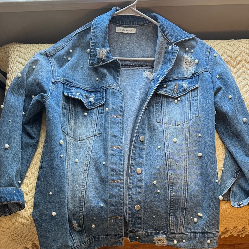 Zara Blue Denim Jacket with Pearl Details